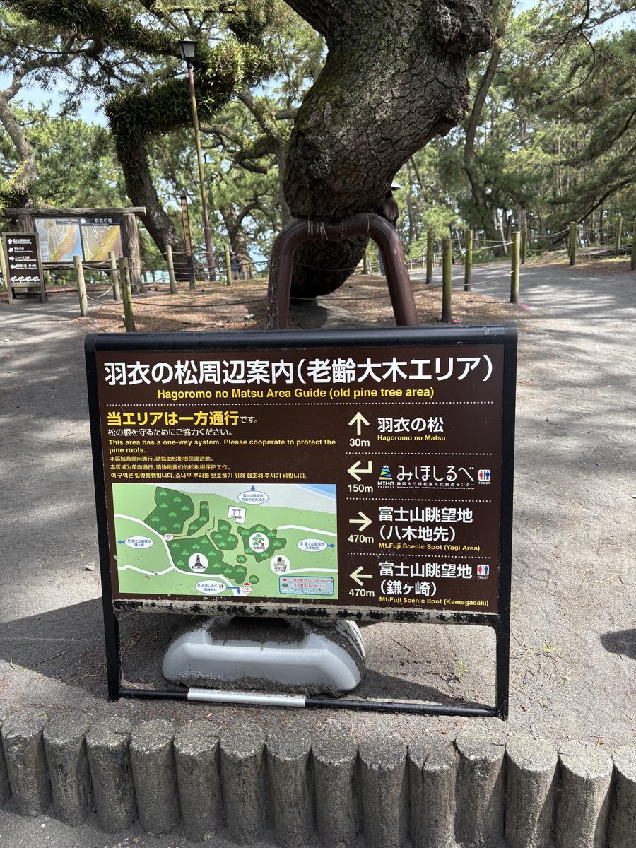 羽衣の松30m・みほしるべ150m・富士山眺望地470mと記された案内板(筆者撮影)