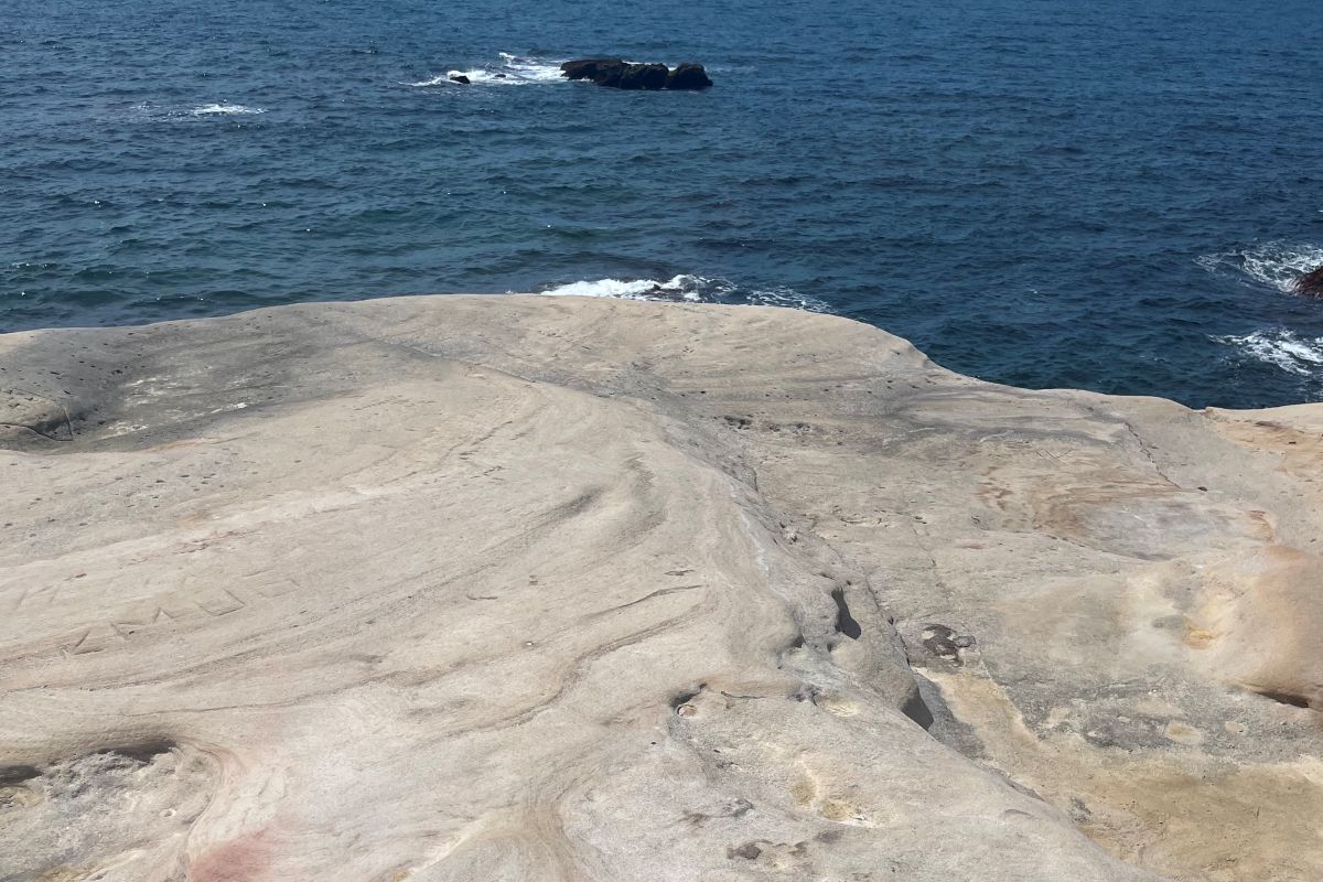 千畳敷の白い岩盤と海(筆者撮影)